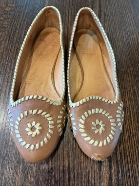 Jack Rogers Brown Gold Leather Women's Embroidered Ballet Flats
